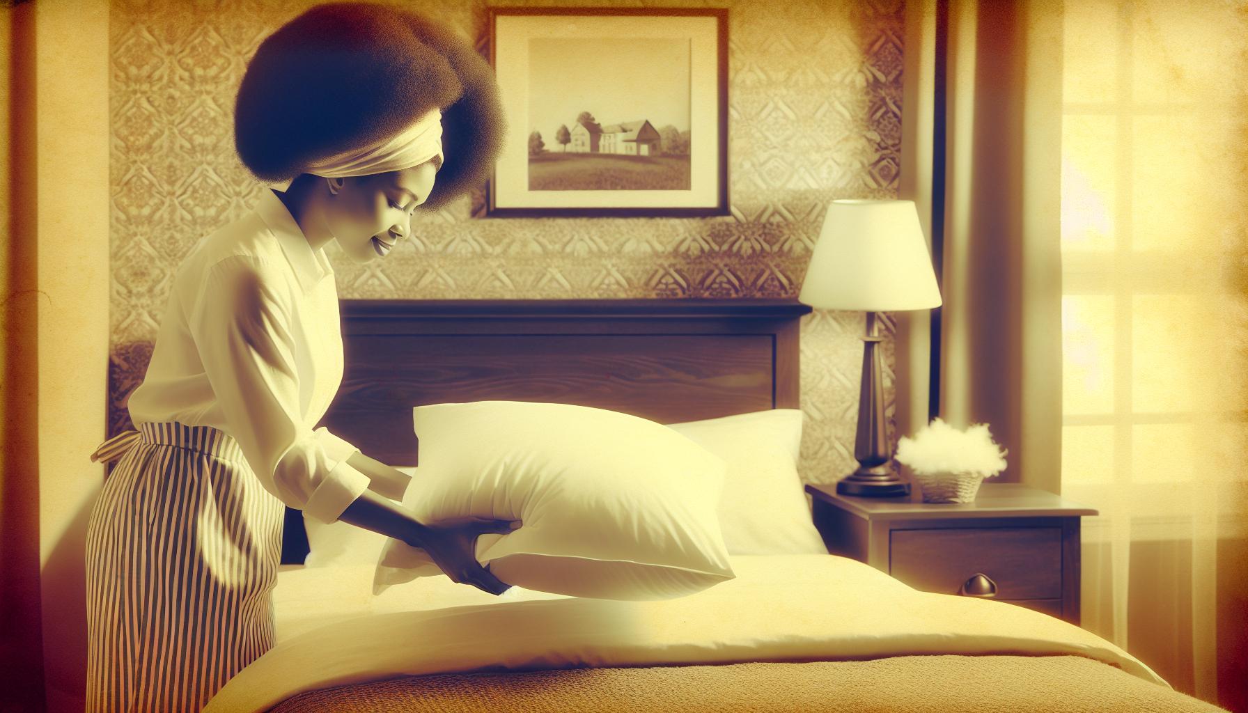 woman standing up touching a pillow on the bed