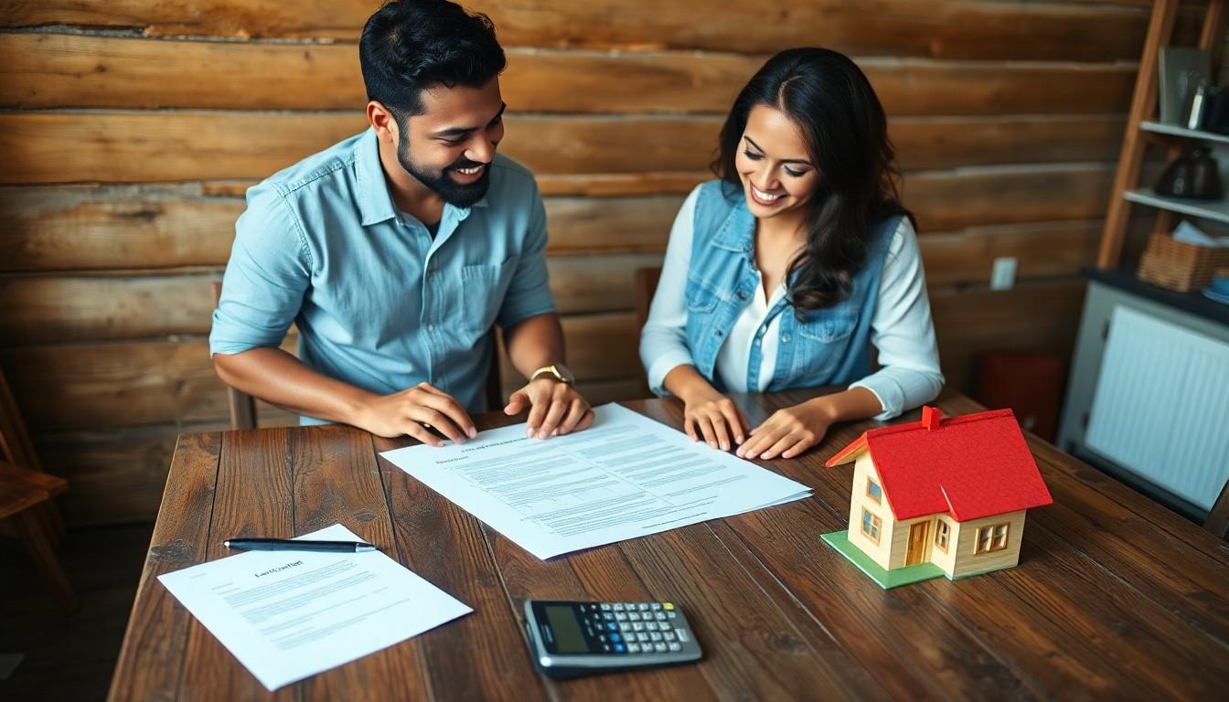 two people with document and calculator on a table - owner carry land contracts