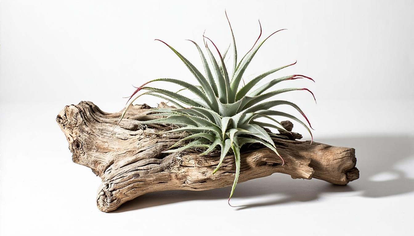 A piece of weathered, silver-gray driftwood featuring natural curves and hollows, each crevice hosting a perfectly nestled Ionantha air plant. The plants' silvery leaves contrast against the wood's rough texture, while some specimens show hints of blush-red tips. Morning light casts intricate shadows across the organic sculpture, creating a natural art piece floating against a simple white background.