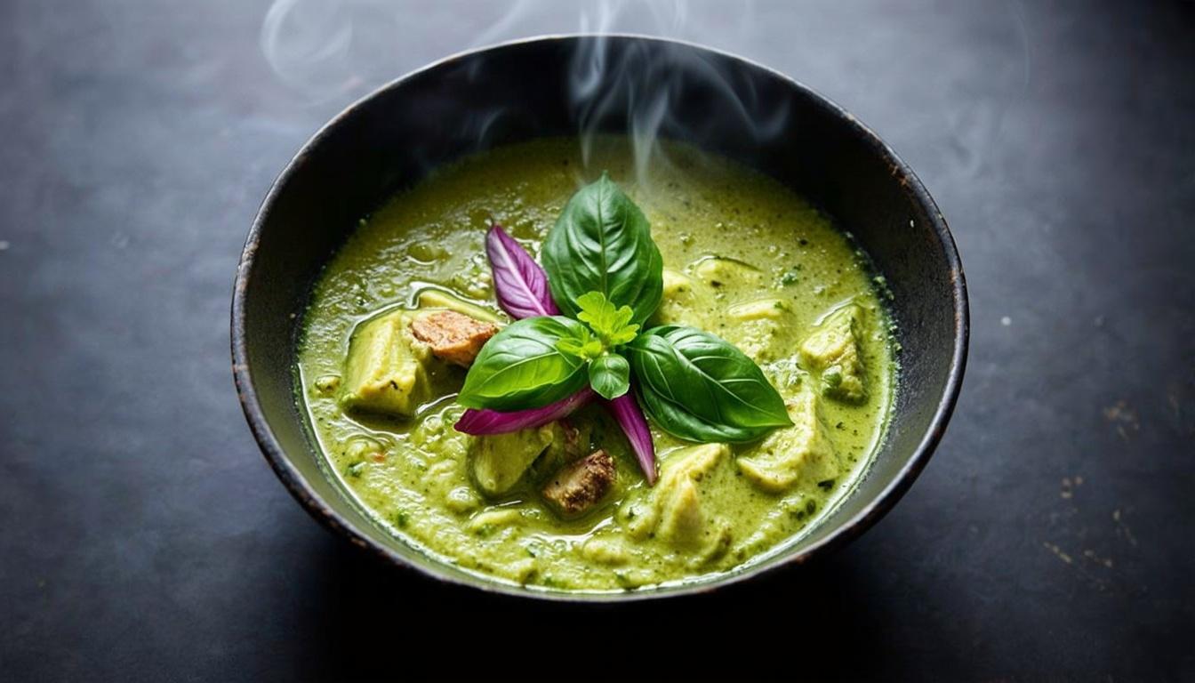 A steaming bowl of vibrant green Thai curry against a dark ceramic backdrop, where fresh Thai basil leaves float on the surface, releasing their oils into the aromatic coconut broth. The curry's rich emerald color contrasts with purple-stemmed basil leaves, while wisps of steam carry the essence of spices and herbs through the frame.