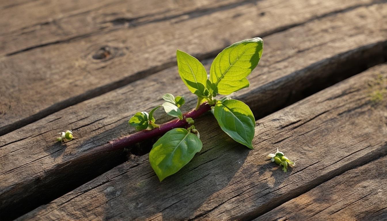 A detailed botanical study showing a single Thai basil stem lying on weathered wood, capturing every detail from the textured purple stem to the veined leaves and tiny flower buds. Morning light streams across the scene, highlighting the aromatic oil glands visible on the leaves' surface, while casting soft shadows that emphasize the plant's natural structure.