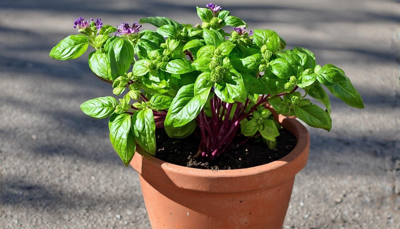 A flourishing Thai basil plant in a rustic terracotta pot, its purple stems reaching upward with clusters of deep green leaves. The plant's natural architectural form creates interesting shadows, while small purple flower buds emerge at the tips, adding delicate contrast against the bold foliage.