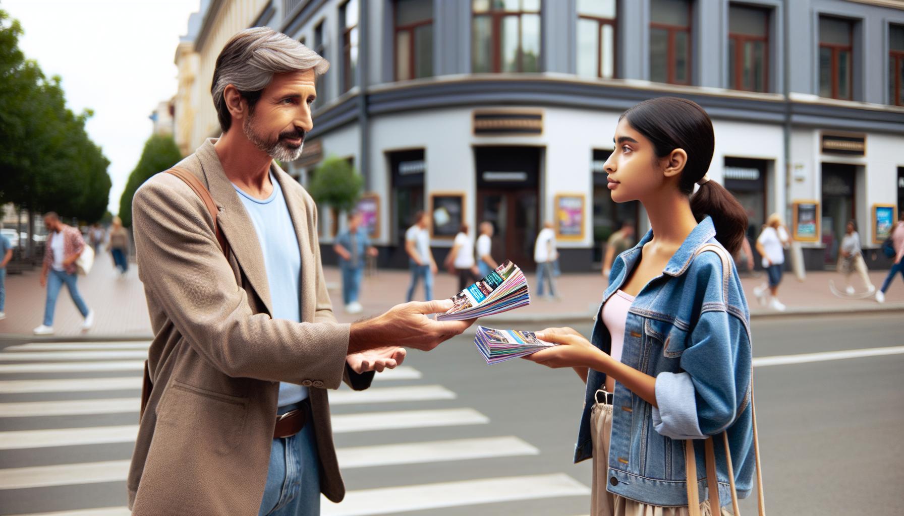 create an image of a man handing over an event flyer to a passerby