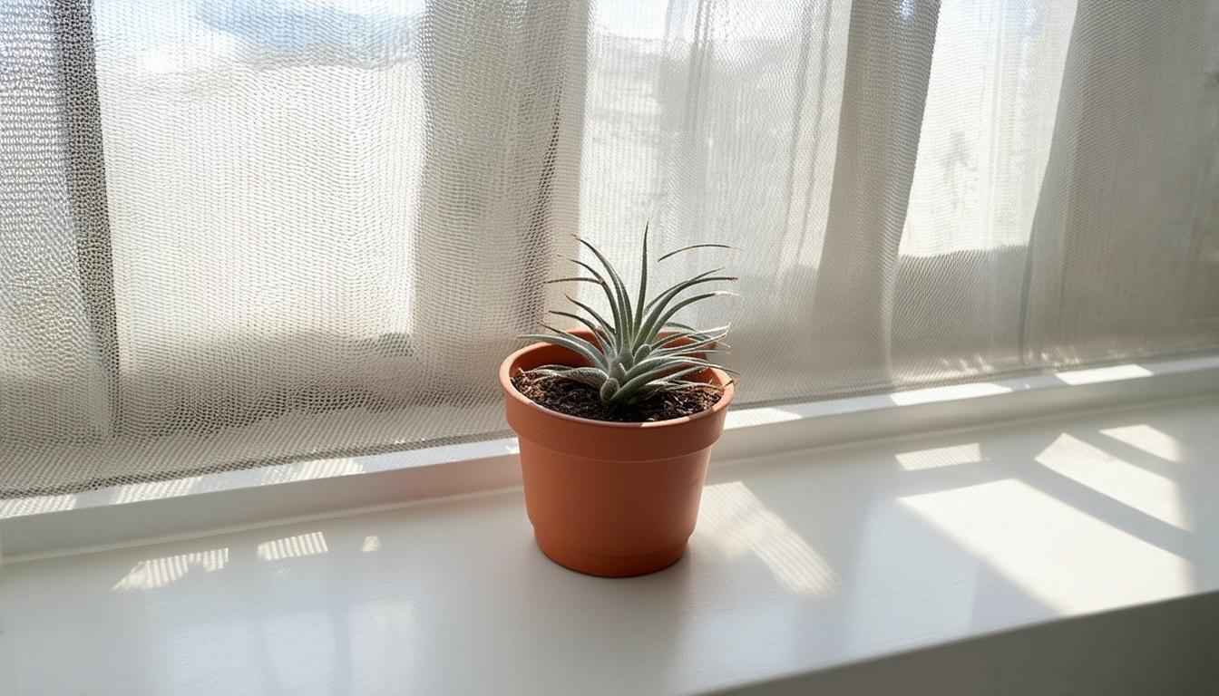 A sun-dappled window scene where an Ionantha air plant rests on a white windowsill, protected by sheer curtains that filter the morning light. The plant's silvery leaves catch subtle rainbow refractions through the fabric, while soft shadows dance across its spiraling form, demonstrating ideal indirect lighting conditions.